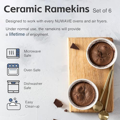 Nuwave Ceramic Ramekins 8 oz, Set of 6, Elegant Classic Style for Baking Souffles, Creme Brulées, Custards, Puddings, 4.3” Wide & 2” Tall, Microwave, Oven & Dishwasher-Safe, Ivory White by Nuwave