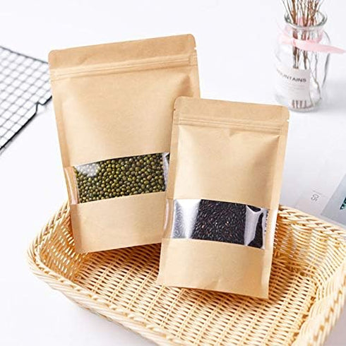 100 Pcs Resealable Stand Up Kraft Paper Bags with Window for Packaging Products, Zip Lock Food Storage