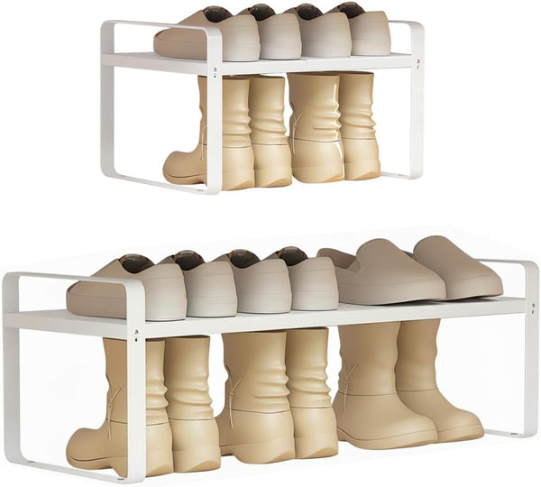Expandable 1-Tier Metal Shoe Rack (H:10"), Adjustable Width 14.9"-23.6", Heavy-Duty Free-Standing Shoe