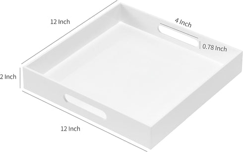 12x12x2H Inches Countertop, Glossy White Acrylic Serving Tray with Handles, - Spill Proof, Decorative Trays for Ottoman