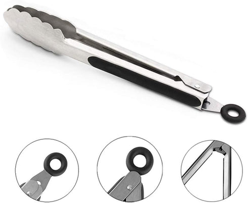 ALLTOP Metal Cooking Tongs Set of 2, Stainless Steel Food Tongs with No-slip Silicon, 9 & 12 inch, Black