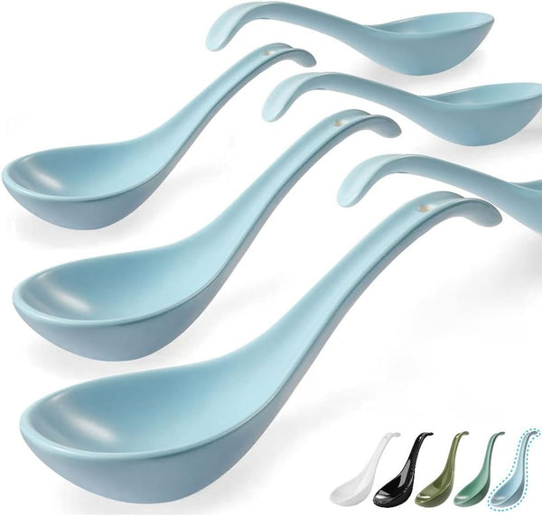 Artena 6.75 inch Solid Asian Soup Spoon Set of 6, Ultra-fine Porcelain Ramen Spoons for Pho, Miso, Dumpling, Blue