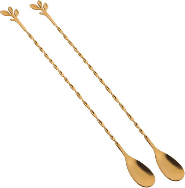 AnSaw 12-Inch Leaf Handle Bar Spoon, 2-Pieces Long Handle Cocktail Mixing Stirrers in Stainless Steel (Gold)