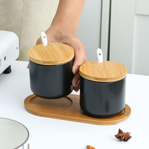 Simple Pure Color Ceramic Spice Jar, Seasoning Box with Bamboo Lid and Spoon, Sugar Bowl