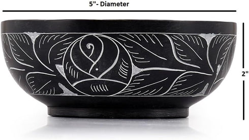 Kaizen Casa Hand Carved Natural Stone Bowl, Smudge Pot, White Leaf Carved Design, 5” x 2” – Black, Jewelry Dish,