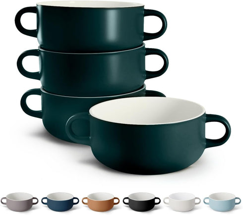 Kook Soup Crocks, Set of 4 Ceramic Bowls, 18 oz, Hunter Green, Broil, Oven, Microwave and Dishwasher Safe with Handles