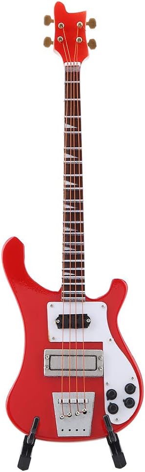 Red Miniature Bass Guitar Wood Replica Model Ornament - Adjustable Stand Mini Art Projects Christmas Gift