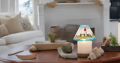 Hand Painted Glass Lighthouse Beach Scene Jar Candle Shade Topper, 4 x 6-Inch