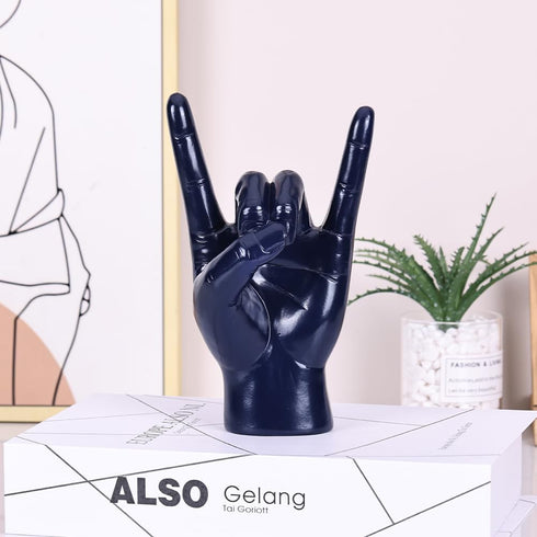 7.7" QIANLING Blue Resin Rock On Hand Gesture Statue - Rock Culture Music Lovers' Decorative Tabletop Sculpture