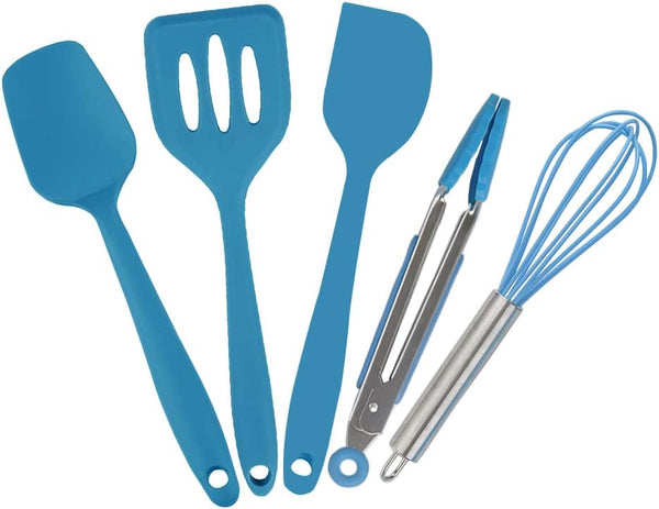 Mini Kitchen Utensil Set, 5-Piece Tiny Silicone Tools for Kids Baking - Blue Whisk, Spatula, Tongs, Spoon