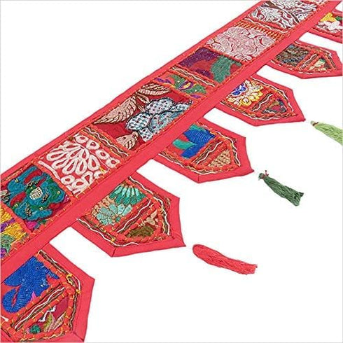 Eyes of India Window Door Valance Toran Patchwork Wall Hanging, Bohemian Accent, Red 14" x 78"