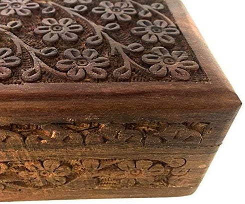 New Age Imports Floral Carved Handmade Wooden Box, 4 x 6 Inches for Jewelry & Small Treasures