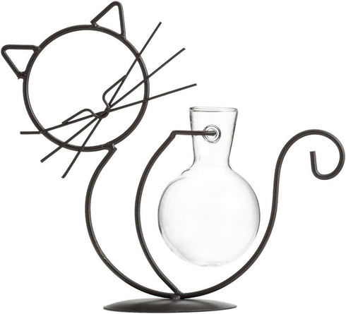 TJ Global Cat Glass Planter Vase Holder, Plant Terrarium, Propagation Station, Metal