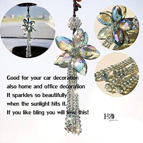 H&D HYALINE & DORA 11.4 Inch Crystal Color Flower Car Charms Pendants for Auto Rear View Mirror with Tassel