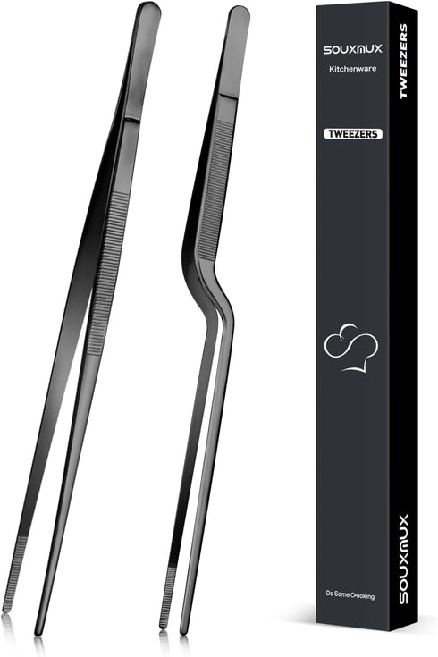 10-Inch Cooking Tweezer and Offset Tweezer Set, Precision Serrated Tips, Stainless Steel Chef Tools for BBQ