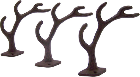 Rustic 4-Point Deer Antler Cast Iron Wall Hook, 5.6 Inch (Set of 3)