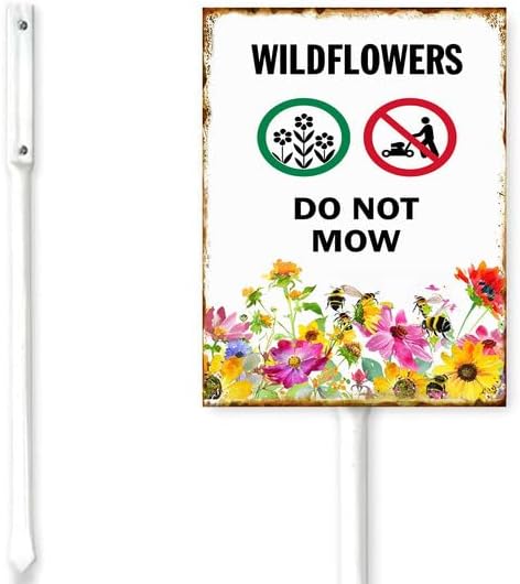 Wildflowers Do Not Mow Metal Yard Sign (7x8.8) with Stake for Lawn Garden Farm Decor, No Mow Lawn Sign