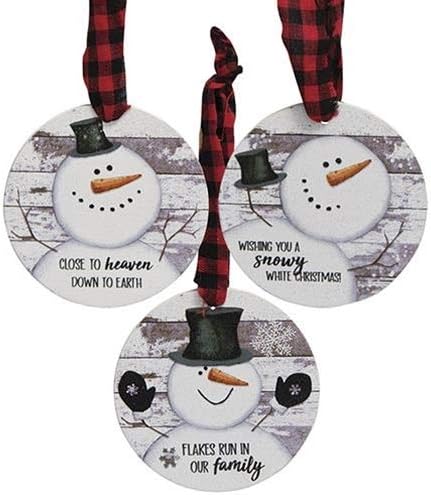 Set of 3 Snowman Shiplap Style Christmas Wood Ornaments - Wishing You a Snowy White Christmas - Buffalo Checked Hanger