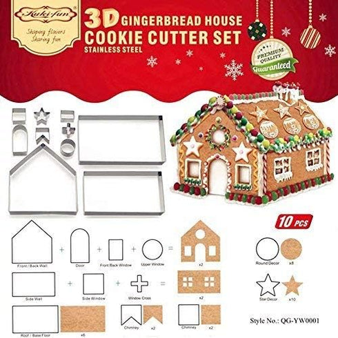 Gingerbread House Cookie Cutter Set - 10 PCS 3D Christmas House Kit with Gift Box Packaging