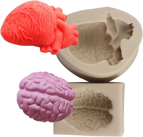 2PCS Halloween Heart and Brain Silicone Molds - DIY Human Organ Fondant Mould for Cake, Candy, Biscuit, Kitchen Tools