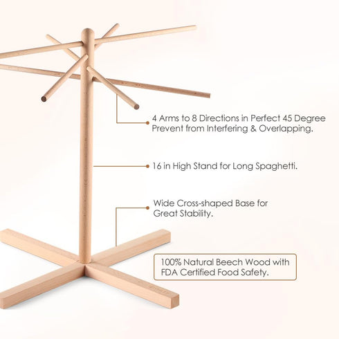 8 iSiLER Natural Beech Wood Pasta Drying Rack with Branches, Easy to Transfer for Drying Pasta and Spaghetti, Special