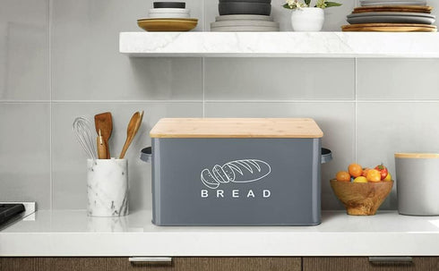 Bread Box for Kitchen Countertop - GA Homefavor Bread Bin with Bamboo Lid, 11.56" x 6.7" x 5.5", Grey