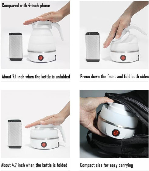 Foldable Electric Travel Kettle - Portable Silicone Collapsible Water Boiler and Tea Pot for Camping, White