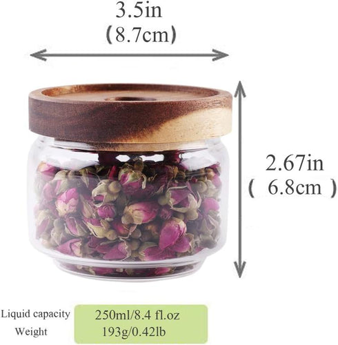 Glass Coffee Containers, 8.5 FL OZ/250 ml Kitchen Food Storage Canister with Sealed Wooden Lid, BPA-Free Clear Glass Jar