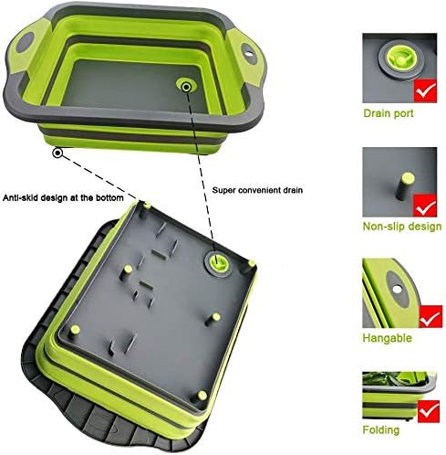 YZWDTGS Collapsible Cutting Board with Colander, Foldable Multi-function Kitchen Plastic Dish Tub, Green
