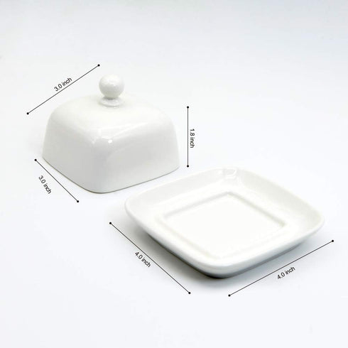 NAGU Mini Square Butter Dish with Lid, White Porcelain Domed Cheese Dish with Handle for Countertop Serving
