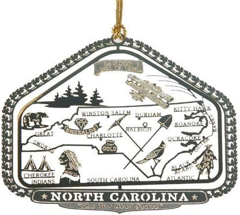 North Carolina State Brass Christmas Ornament, Nations Treasures, Raleigh, Charlotte, Roanoke, Kitty Hawk, Durham