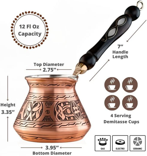 BCS 12 Oz Copper Turkish Greek Arabic Coffee Pot with Wooden Handle, Cezve Ibrik Briki Stovetop Maker (4 servings)
