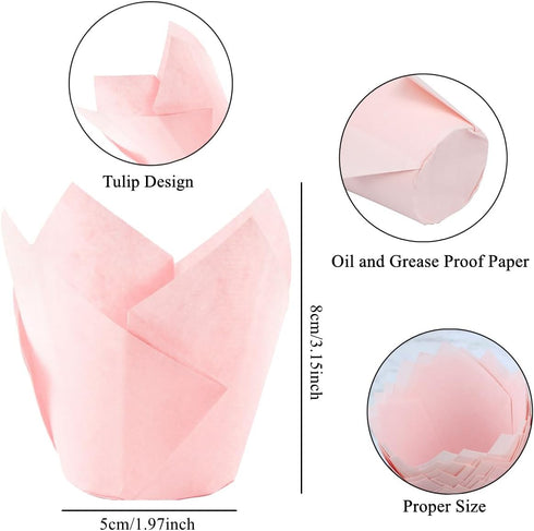 200 Pieces Pink Tulip Cupcake Muffin Liners, Greaseproof Paper Baking Cups for Birthday, Wedding, Party, Catering