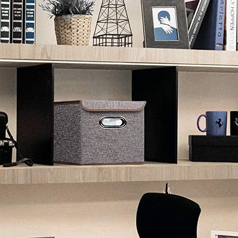 Storage Bin Set of 4, Linen Fabric Foldable Containers with Lid, Collapsible Organizer Boxes