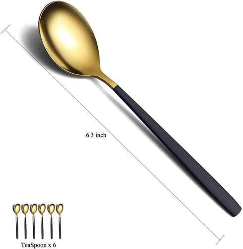 Teaspoons 6 Pieces Black And Gold Plating Coffee Spoons, Homquen 6.3" Modern Design Stainless Steel Tea Spoons Set, Small Spoon Silver Dishwasher Safe