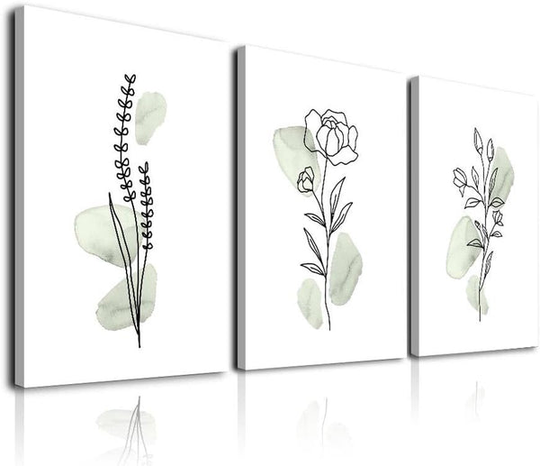 Sage Green Botanical Wall Art, Framed Plant Decor, Watercolor Wild Flowers Canvas Paintings for Bedroom