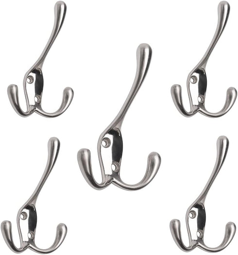 Coat Hooks with Three Flared Prongs, Heavy Duty 3.5 Inch Satin Nickel Hook, 5 Pack