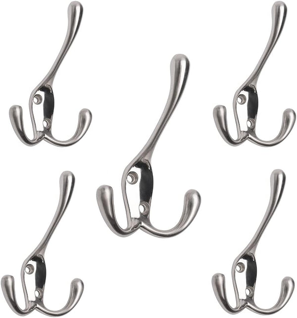 Coat Hooks with Three Flared Prongs, Heavy Duty 3.5 Inch Satin Nickel Hook, 5 Pack