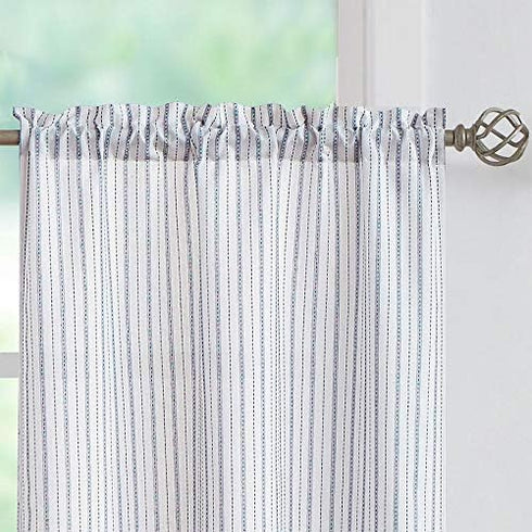 Boho Rustic Striped Sheer Tiers Curtains, 27 Inch x 24 Inch, White/Blue for Living Room, Bedroom, Kitchen, Patio, Villa