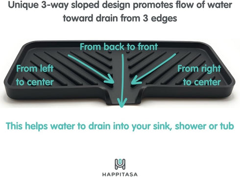 3-Way 10"x4", 7.8 Happitasa Silicone Soap Dish Tray and Sponge Holder with Drain Chute and Feet | Sloped Design |