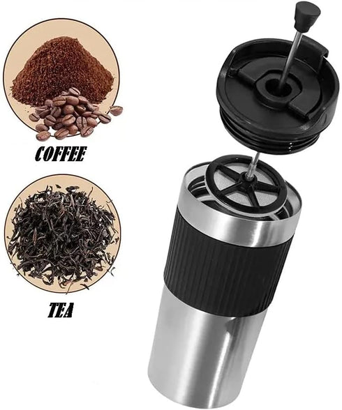 Portable French Press Coffee Maker, Insulated Mug with Double Wall Stainless Steel, 16oz Coffee Tumbler