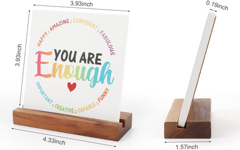 LHIUEM You are Enough Motivational Desk Decor, Rainbow Inspirational Sign with Wood Stand (4”x 4“)