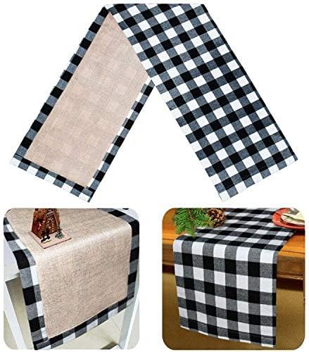 Senneny Christmas Large Table Runner 14 x 108 Inch, Burlap & Cotton Black White Plaid Reversible Buffalo Check for Decor