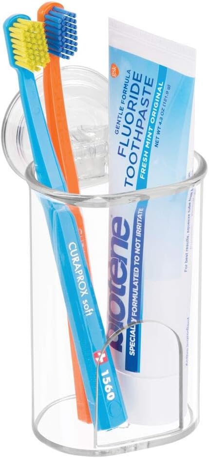 2 Pack mDesign Compact Plastic Suction Storage Center for Bathroom Organization of Toothbrushes, Electric Toothbrushes