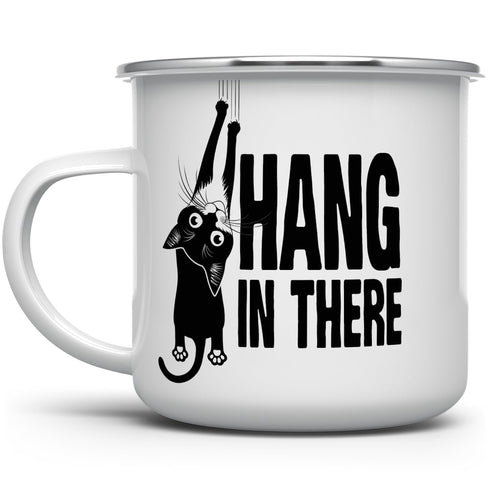 Hang in There Enamel Camping Coffee Mug - Funny Inspirational Motivational Cat Gift Cup for Friend, Coworker, Women,