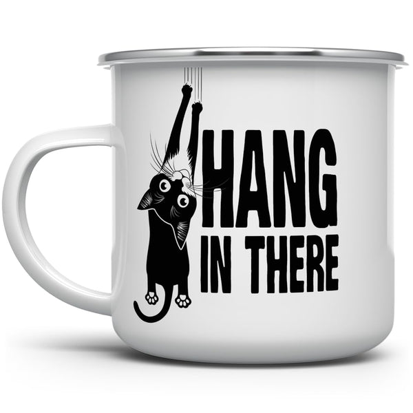 Hang in There Enamel Camping Coffee Mug - Funny Inspirational Motivational Cat Gift Cup for Friend, Coworker, Women,