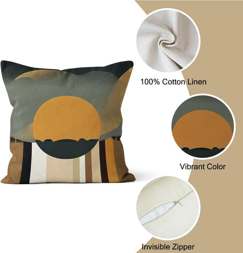Boho Pillow Covers 18x18 Inch, Mid Century Abstract Sun Throw Pillow Covers, Terracotta and Yellow Linen, Set of 4