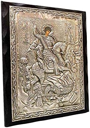 Handmade Greek Christian Orthodox Wood-Metallic Icon of Saint George - 24 X 19cm Solid Wood