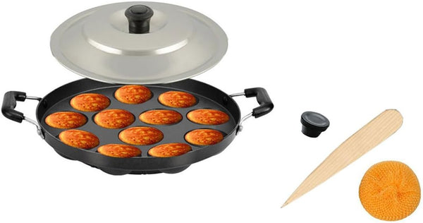 Satre Online Non-Stick Aluminium Appam Pan with Steel Lid, 12 Pits, Black & Silver