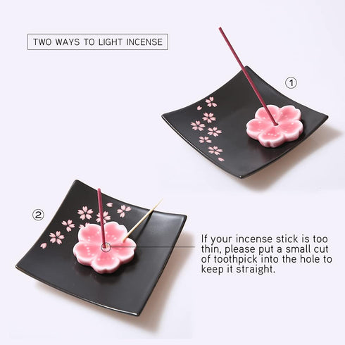 Japanese Handmade Ceramic Cherry Blossom Incense Stick Holder, Unique Ash Catcher Tray, Decorative Gift, Square Pink